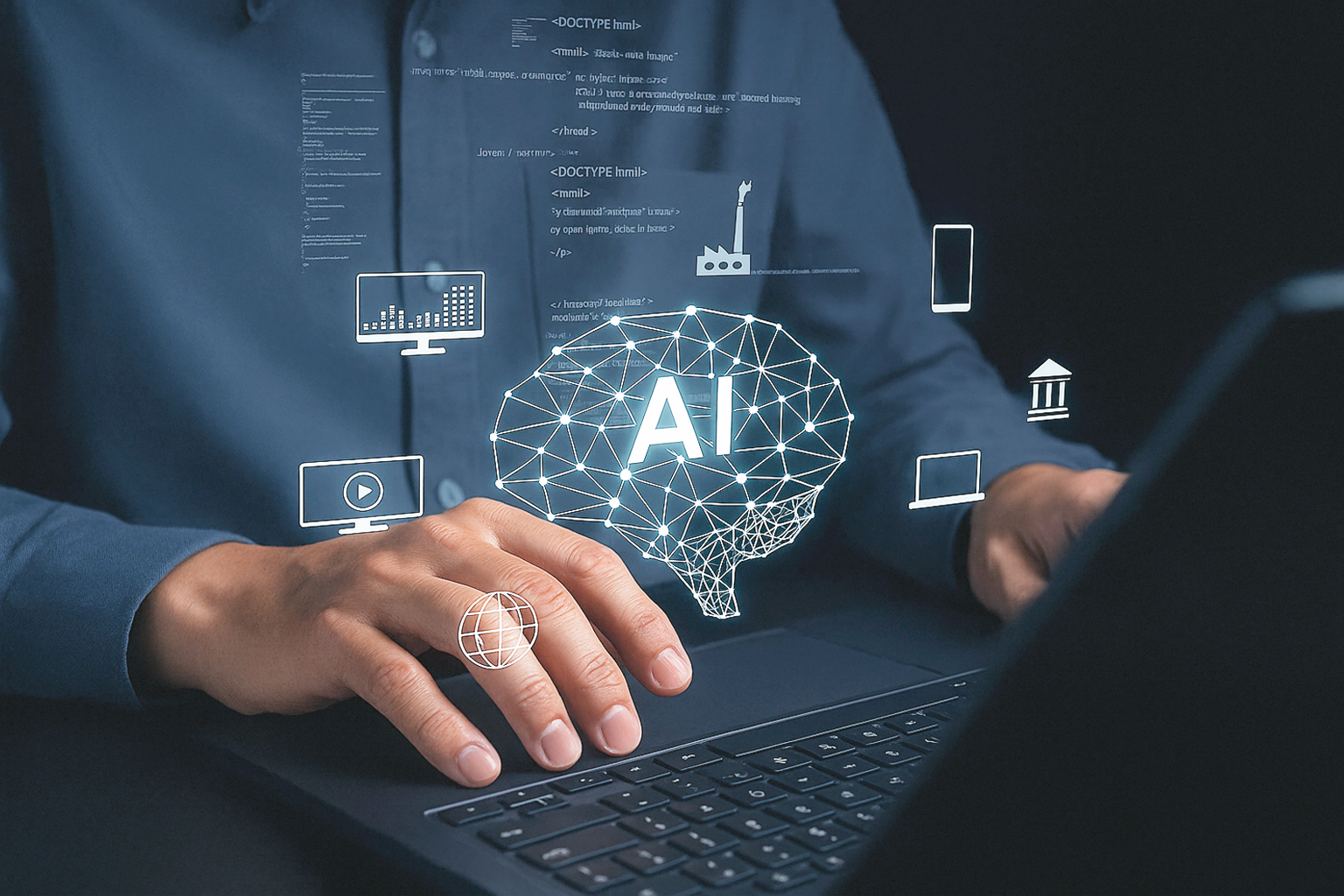 Persona trabajando en laptop con gráficos de inteligencia artificial y aprendizaje automático