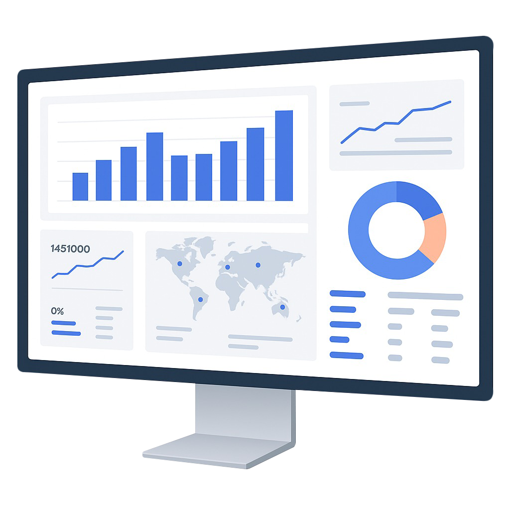 Pantalla de monitor mostrando gráficos de barras, líneas, mapa geográfico y gráfico circular, representando análisis de datos o dashboard de Business Intelligence.